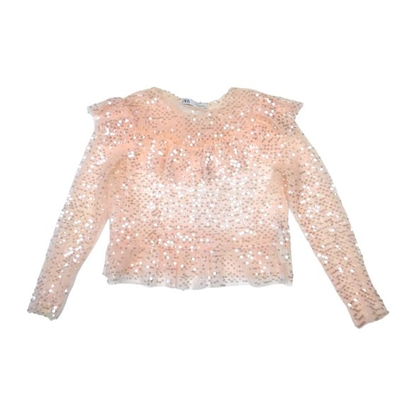 Zara Tops - Zara Baby Pink Fairy Sheer Sequin Ruffle Long Sleeve Top Size Medium